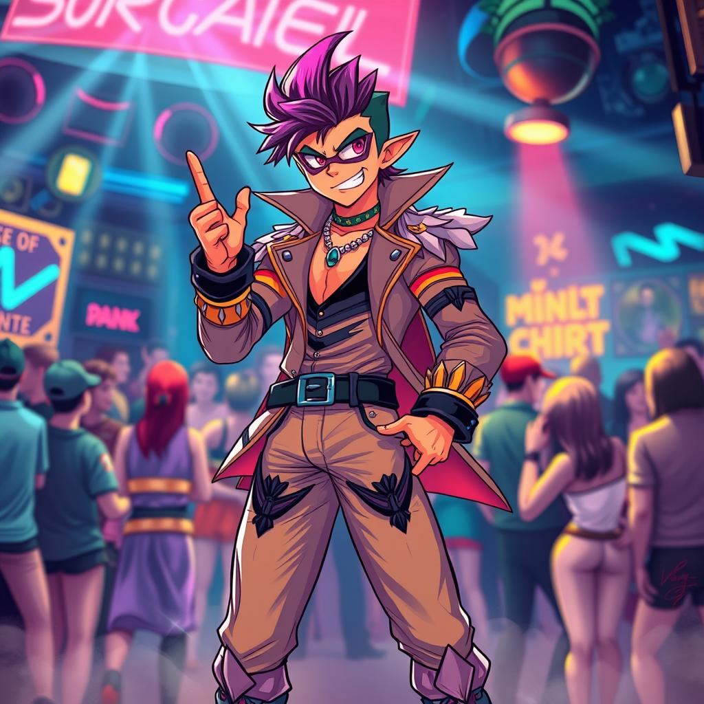 A confident-looking character similar to Tengen, a stylish figure with bright, vivid colors and an elaborate outfit, displaying an air of charisma and attitude