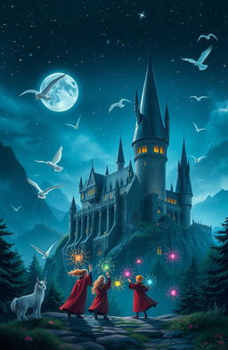 A magical scene from the Harry Potter universe, featuring a soaring castle under a starry night sky, with the iconic Hogwarts silhouette, surrounded by lush, enchanted forests