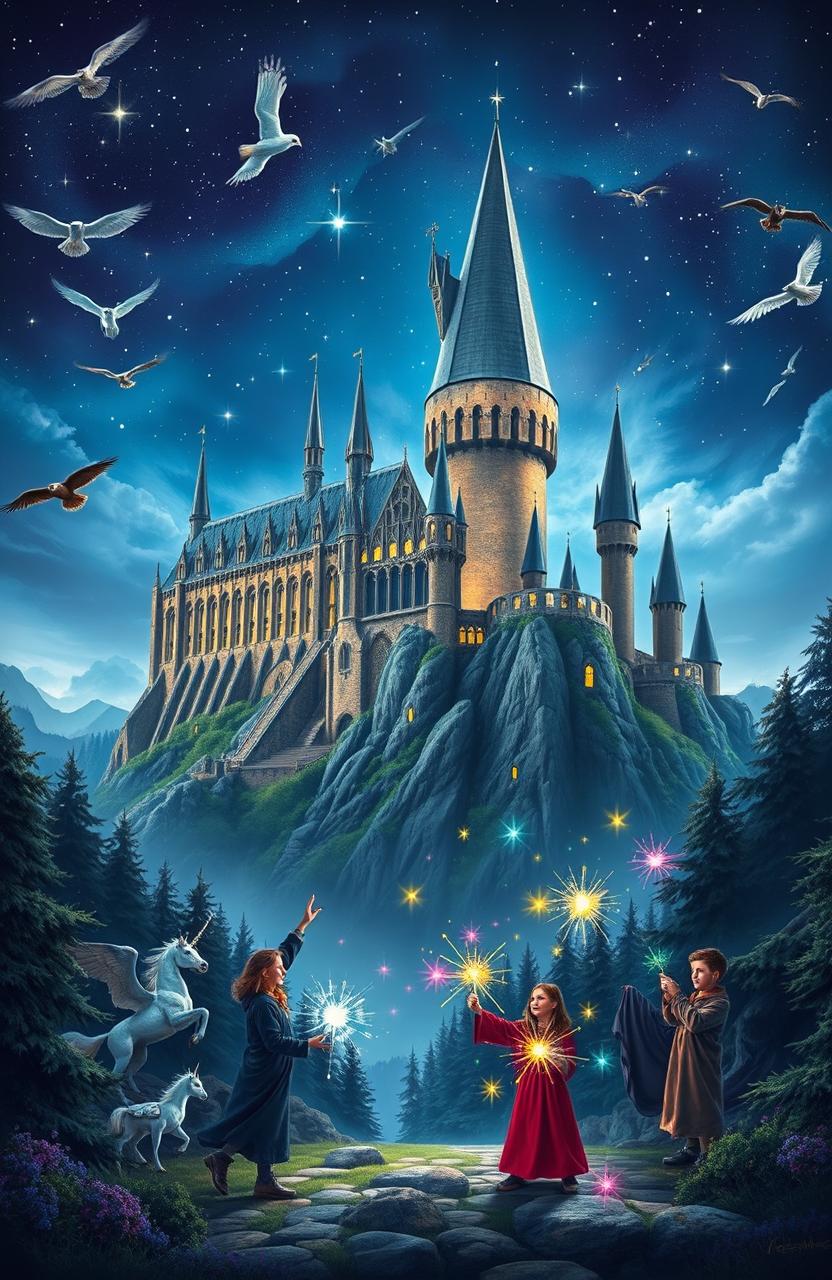 A magical scene from the Harry Potter universe, featuring a soaring castle under a starry night sky, with the iconic Hogwarts silhouette, surrounded by lush, enchanted forests