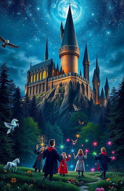 A magical scene from the Harry Potter universe, featuring a soaring castle under a starry night sky, with the iconic Hogwarts silhouette, surrounded by lush, enchanted forests