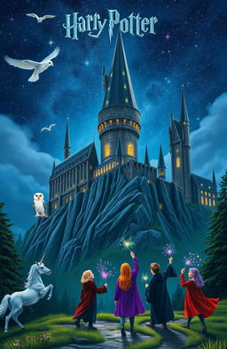 A magical scene from the Harry Potter universe, featuring a soaring castle under a starry night sky, with the iconic Hogwarts silhouette, surrounded by lush, enchanted forests