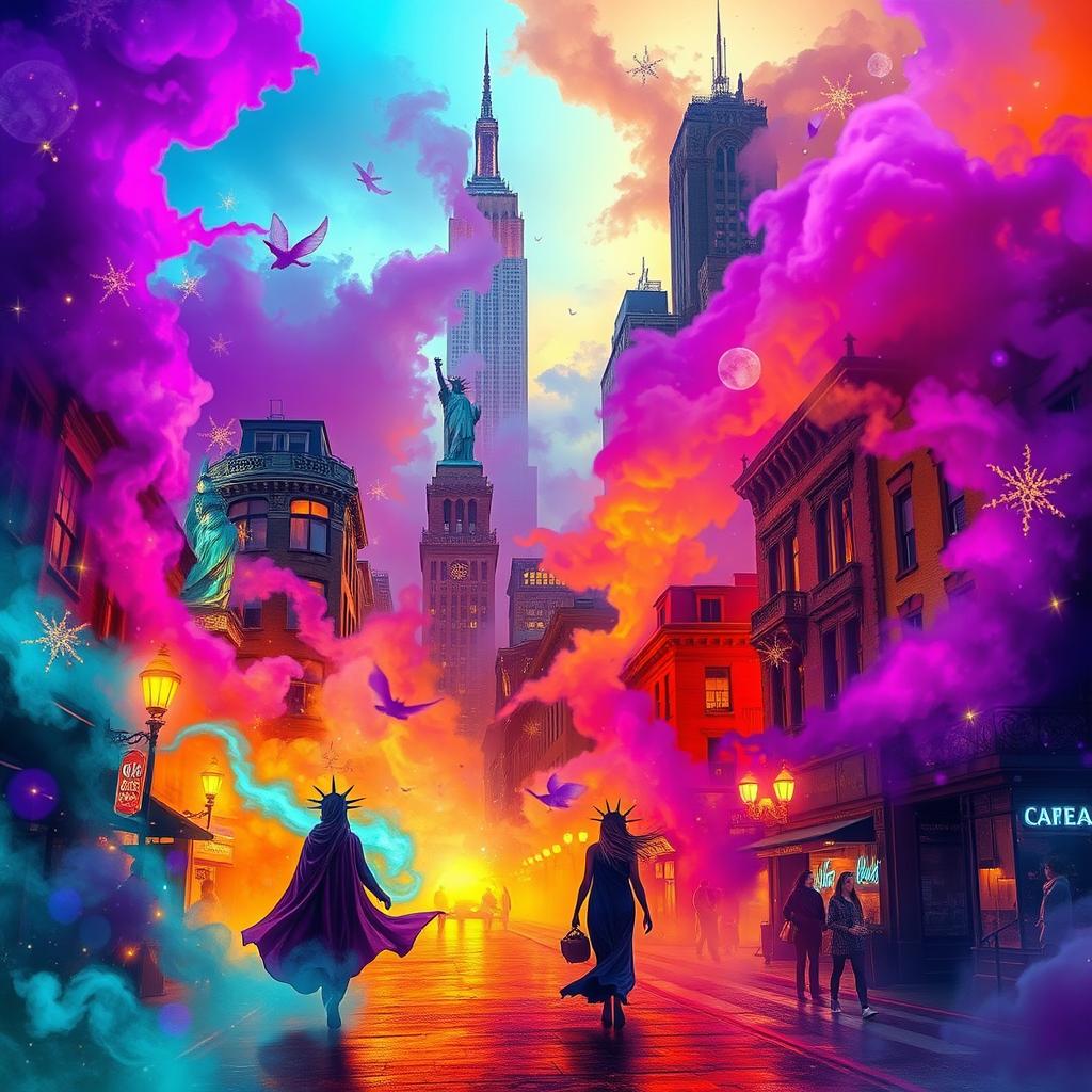 A vibrant and colorful scene capturing the mystical atmosphere of New York City