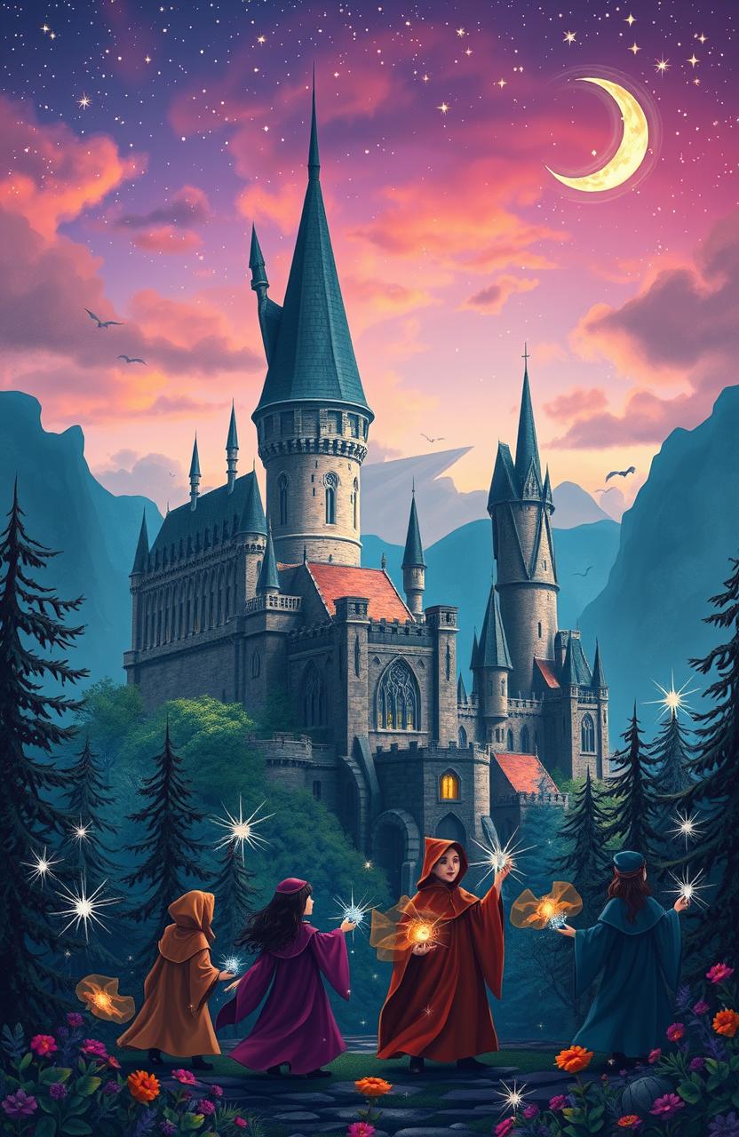 A whimsical and enchanting scene inspired by a fantasy world reminiscent of Harry Potter, featuring a majestic castle with soaring towers and turrets, surrounded by a lush, magical forest