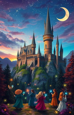 A whimsical and enchanting scene inspired by a fantasy world reminiscent of Harry Potter, featuring a majestic castle with soaring towers and turrets, surrounded by a lush, magical forest