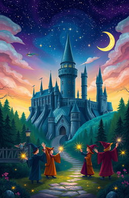 A whimsical and enchanting scene inspired by a fantasy world reminiscent of Harry Potter, featuring a majestic castle with soaring towers and turrets, surrounded by a lush, magical forest