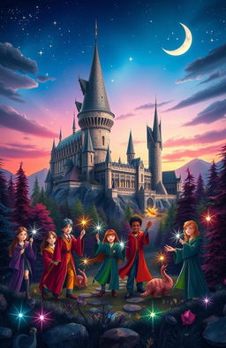 A whimsical and enchanting scene inspired by a fantasy world reminiscent of Harry Potter, featuring a majestic castle with soaring towers and turrets, surrounded by a lush, magical forest