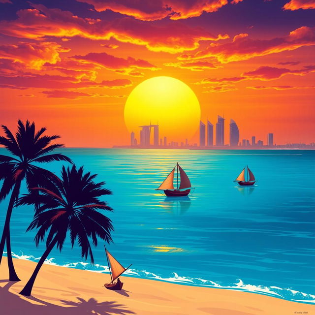 A stunning poster design featuring the Persian Gulf, showcasing its serene blue waters under a vibrant, sunset sky