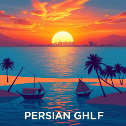 A stunning poster design featuring the Persian Gulf, showcasing its serene blue waters under a vibrant, sunset sky