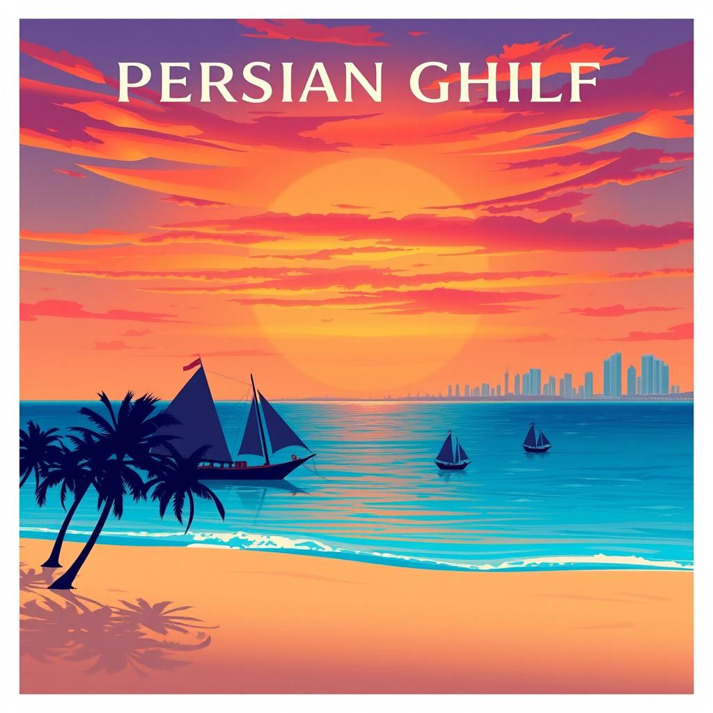 A stunning poster design featuring the Persian Gulf, showcasing its serene blue waters under a vibrant, sunset sky