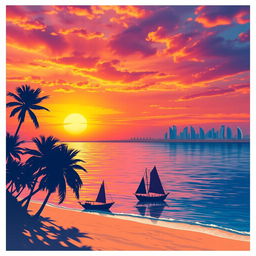 A stunning poster design featuring the Persian Gulf, showcasing its serene blue waters under a vibrant, sunset sky
