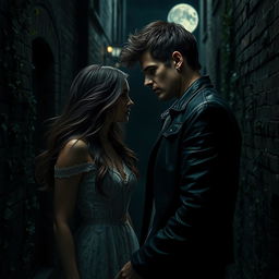 A dark and passionate depiction of forbidden love between a man and a woman, set in a moonlit, moody atmosphere with shadows enhancing the romance