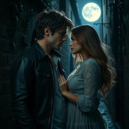 A dark and passionate depiction of forbidden love between a man and a woman, set in a moonlit, moody atmosphere with shadows enhancing the romance