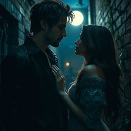 A dark and passionate depiction of forbidden love between a man and a woman, set in a moonlit, moody atmosphere with shadows enhancing the romance