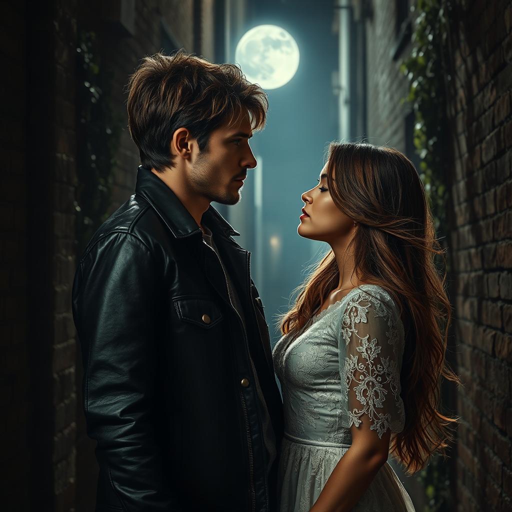 A dark and passionate depiction of forbidden love between a man and a woman, set in a moonlit, moody atmosphere with shadows enhancing the romance
