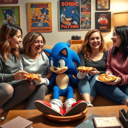 Sonic the Hedgehog sitting on a couch in a cozy living room, surrounded by three women