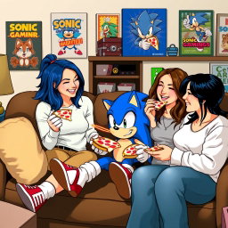 Sonic the Hedgehog sitting on a couch in a cozy living room, surrounded by three women