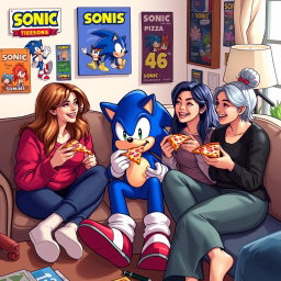 Sonic the Hedgehog sitting on a couch in a cozy living room, surrounded by three women