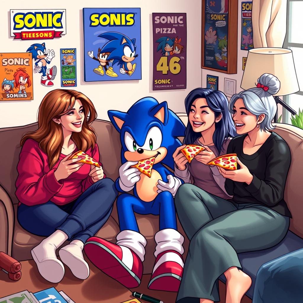 Sonic the Hedgehog sitting on a couch in a cozy living room, surrounded by three women