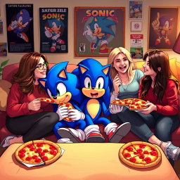 Sonic the Hedgehog sitting on a couch in a cozy living room, surrounded by three women