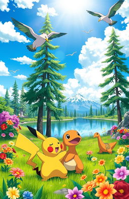 A vibrant scene set in a lush and colorful Pokémon world featuring various Pokémon in their natural habitats
