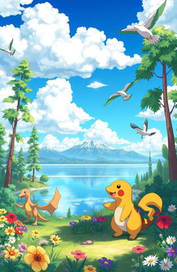 A vibrant scene set in a lush and colorful Pokémon world featuring various Pokémon in their natural habitats