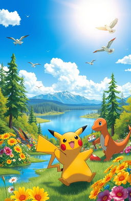 A vibrant scene set in a lush and colorful Pokémon world featuring various Pokémon in their natural habitats