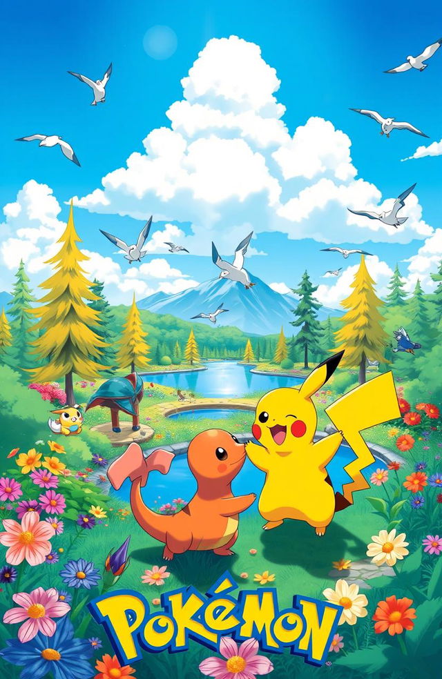 A vibrant scene set in a lush and colorful Pokémon world featuring various Pokémon in their natural habitats