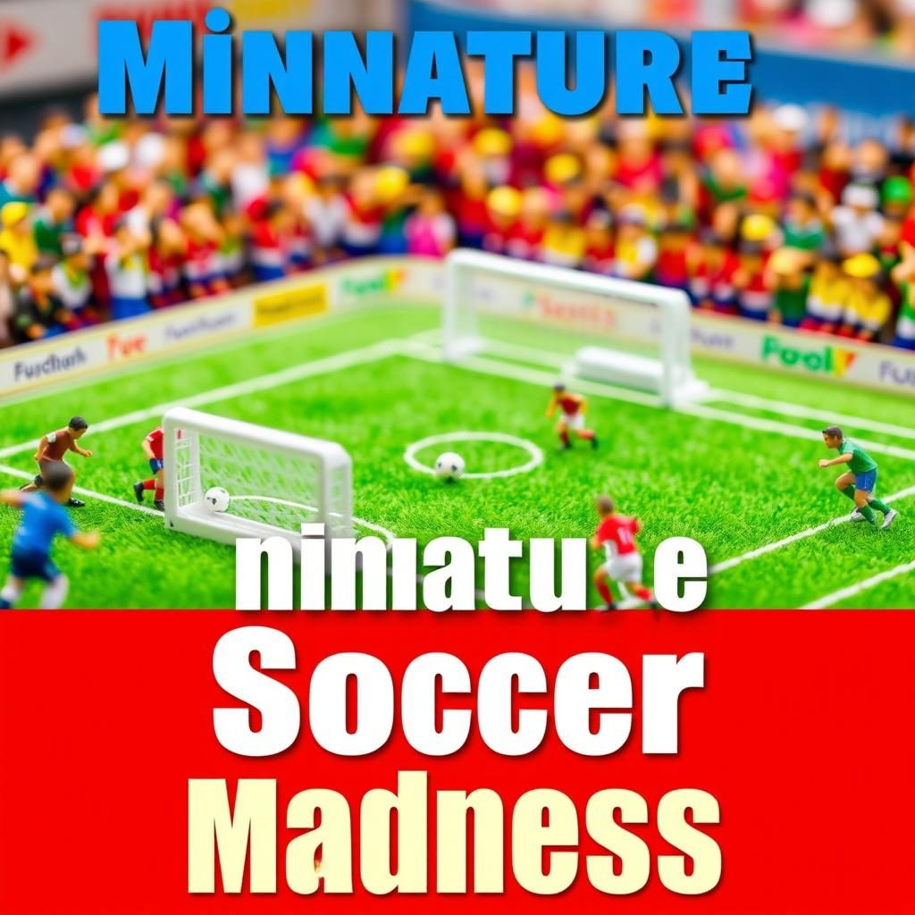 A lively YouTube thumbnail featuring a miniature soccer setup, with small players engaged in a dynamic game of football