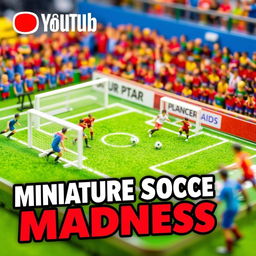 A lively YouTube thumbnail featuring a miniature soccer setup, with small players engaged in a dynamic game of football