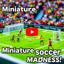 A lively YouTube thumbnail featuring a miniature soccer setup, with small players engaged in a dynamic game of football