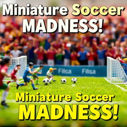 A lively YouTube thumbnail featuring a miniature soccer setup, with small players engaged in a dynamic game of football