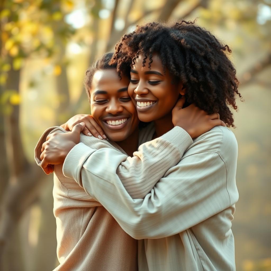 A tender moment of two people embracing each other tightly, radiating warmth and love