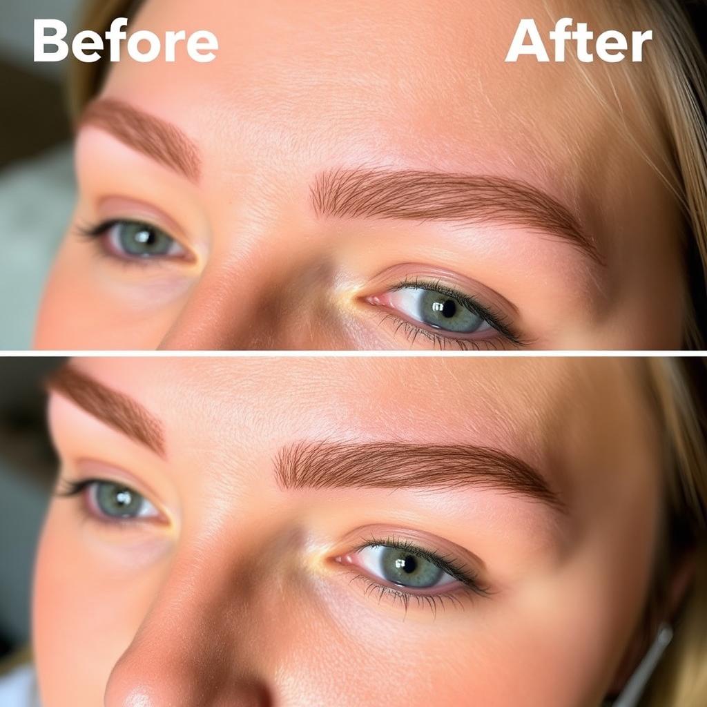 A close-up portrait of a person with expertly groomed eyebrows, featuring a before-and-after transformation
