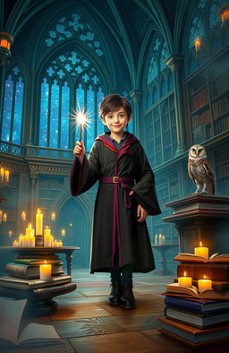 A magical scene inspired by the Harry Potter universe, depicting a young wizard in a grand, ancient castle filled with floating candles, enchanted books, and mystical creatures