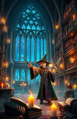 A magical scene inspired by the Harry Potter universe, depicting a young wizard in a grand, ancient castle filled with floating candles, enchanted books, and mystical creatures