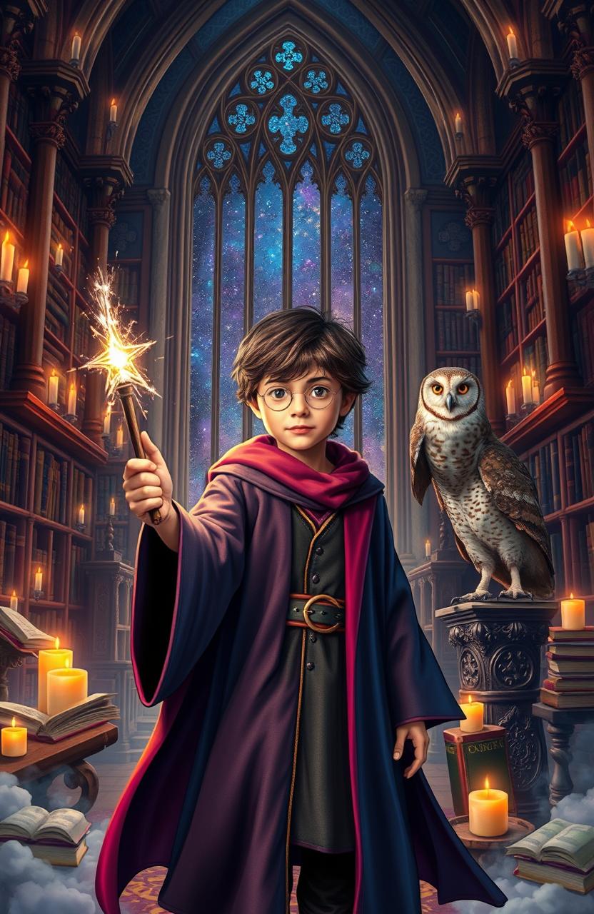 A magical scene inspired by the Harry Potter universe, depicting a young wizard in a grand, ancient castle filled with floating candles, enchanted books, and mystical creatures