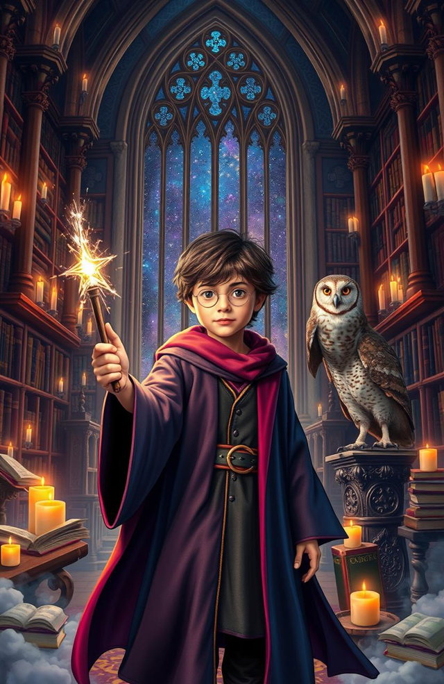 A magical scene inspired by the Harry Potter universe, depicting a young wizard in a grand, ancient castle filled with floating candles, enchanted books, and mystical creatures