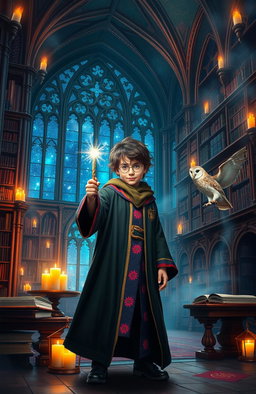 A magical scene inspired by the Harry Potter universe, depicting a young wizard in a grand, ancient castle filled with floating candles, enchanted books, and mystical creatures