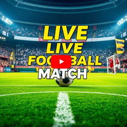 A visually striking YouTube thumbnail for a live football match broadcast, featuring a vibrant green football field with detailed markings, a football in the center, and dynamic text overlay stating "LIVE FOOTBALL MATCH" in bold, energetic font