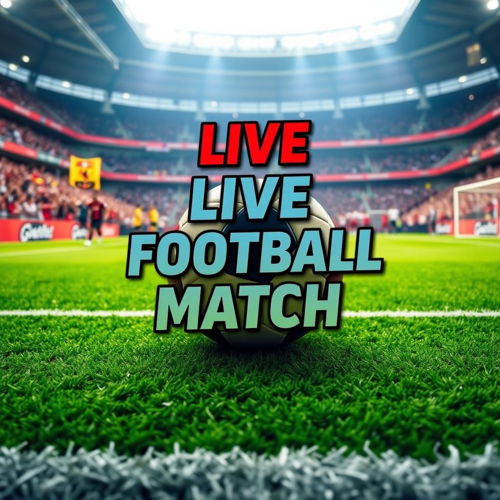 A visually striking YouTube thumbnail for a live football match broadcast, featuring a vibrant green football field with detailed markings, a football in the center, and dynamic text overlay stating "LIVE FOOTBALL MATCH" in bold, energetic font