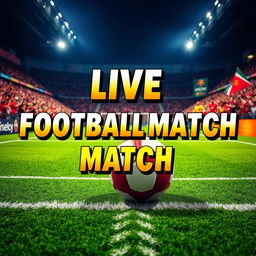 A visually striking YouTube thumbnail for a live football match broadcast, featuring a vibrant green football field with detailed markings, a football in the center, and dynamic text overlay stating "LIVE FOOTBALL MATCH" in bold, energetic font