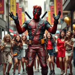 A charismatic anti-hero with a humorous demeanor, reminiscent of Deadpool, dancing joyfully in the middle of a bustling street