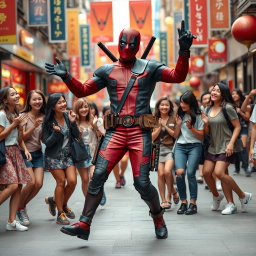 A charismatic anti-hero with a humorous demeanor, reminiscent of Deadpool, dancing joyfully in the middle of a bustling street