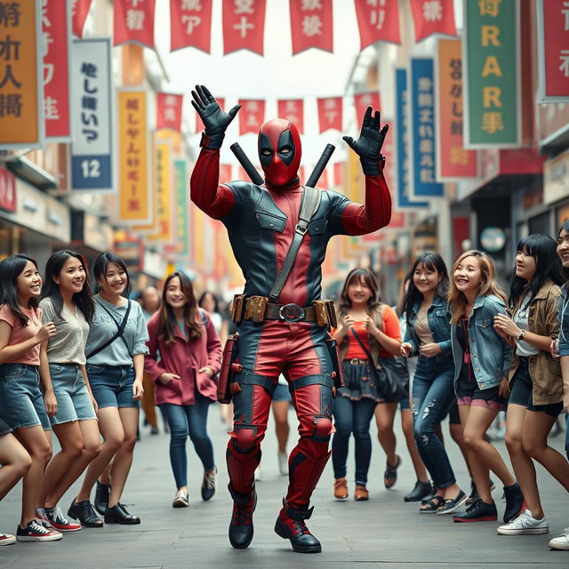A charismatic anti-hero with a humorous demeanor, reminiscent of Deadpool, dancing joyfully in the middle of a bustling street