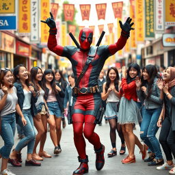 A charismatic anti-hero with a humorous demeanor, reminiscent of Deadpool, dancing joyfully in the middle of a bustling street