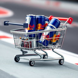 A whimsical shopping cart designed to resemble an F1 racing car, vividly filled with cans of Red Bull