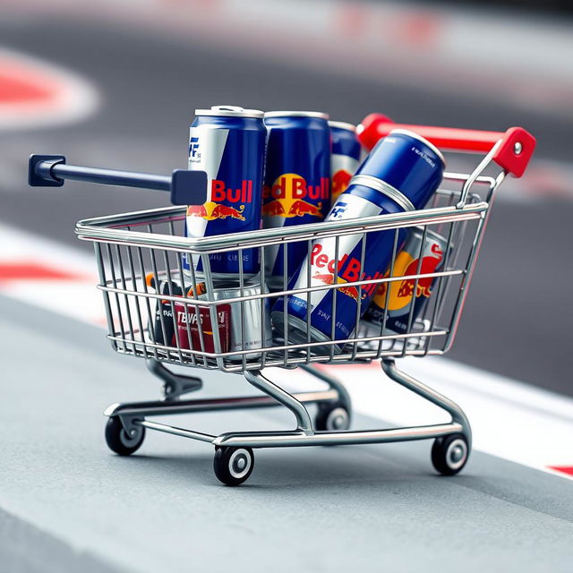 A whimsical shopping cart designed to resemble an F1 racing car, vividly filled with cans of Red Bull