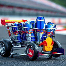 A whimsical shopping cart designed to resemble an F1 racing car, vividly filled with cans of Red Bull