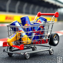 A whimsical shopping cart designed to resemble an F1 racing car, vividly filled with cans of Red Bull