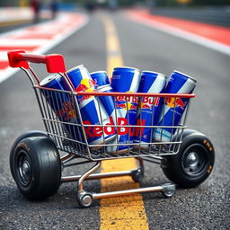 A whimsical shopping cart designed to resemble an F1 racing car, vividly filled with cans of Red Bull